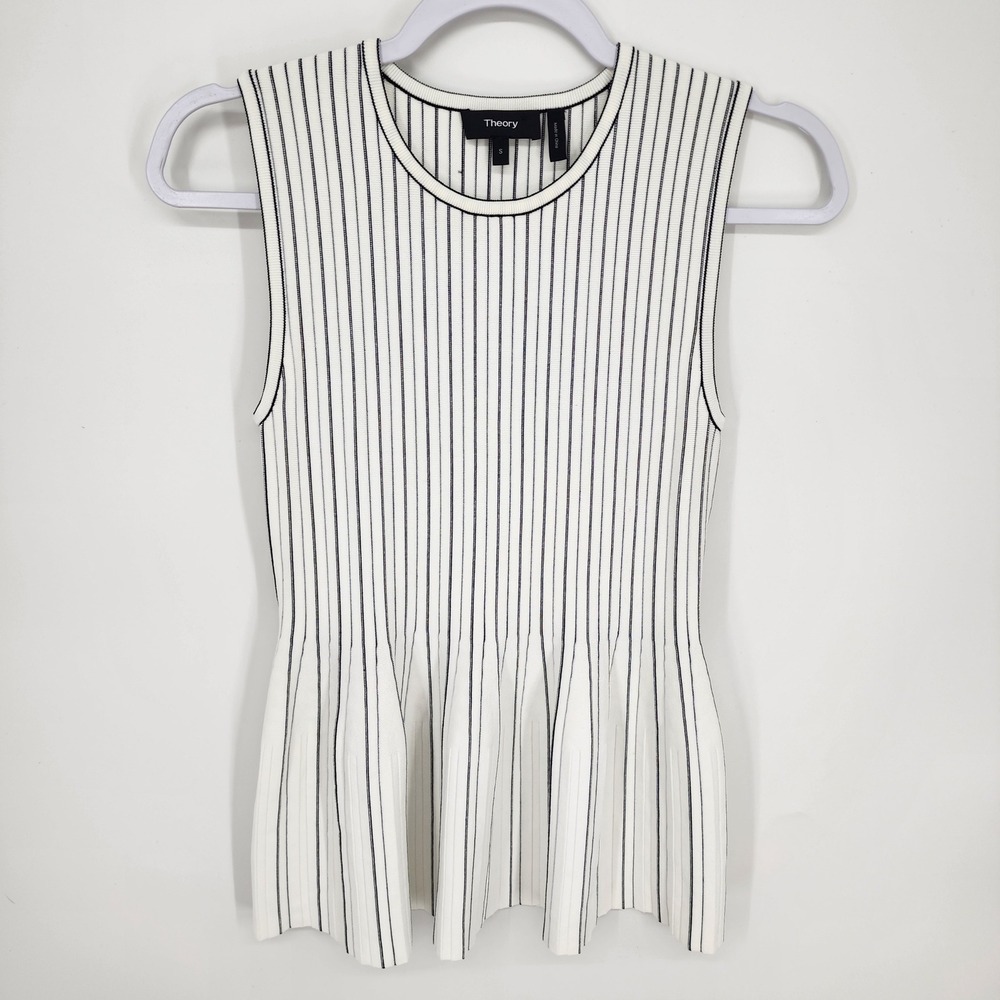 Theory Striped Peplum Knit Top Womens Small White Black Sleeveless Minimalist